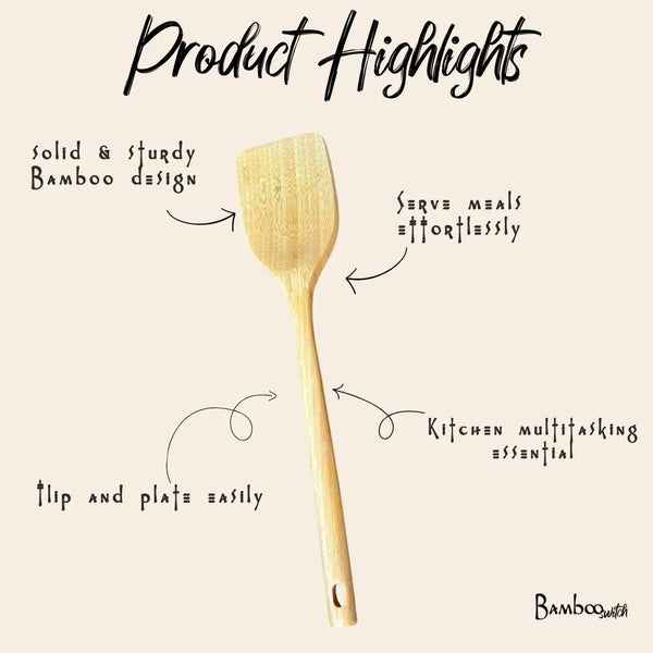 Wooden spatula with text highlighting its features on a beige background
