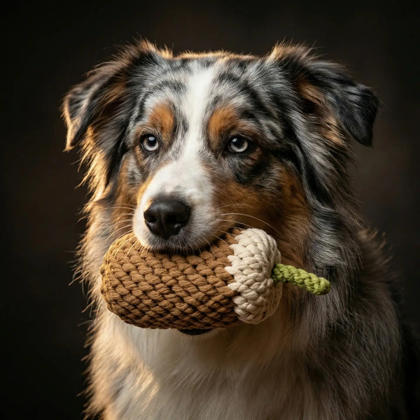 Dog holding coffee rope toy in its mouth against a dark background