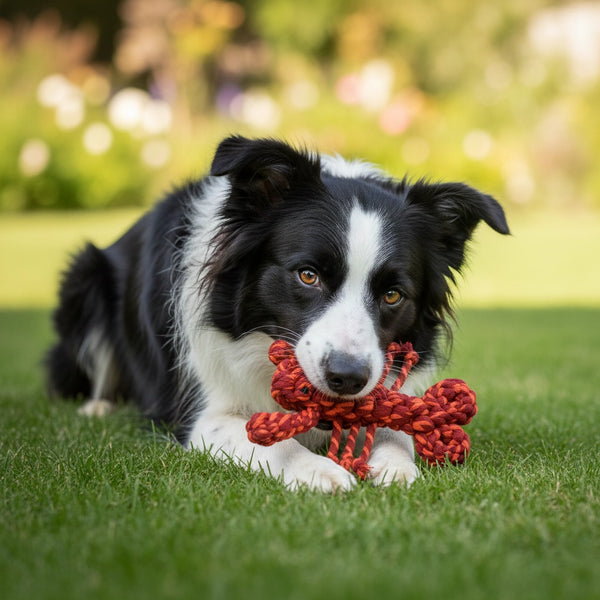 Dog playing with a red lobster-shaped rope toy on grass