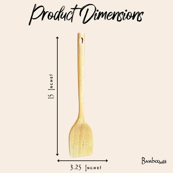 Wooden spatula with dimensions labeled on a beige background