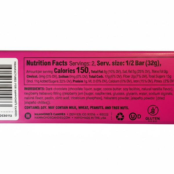 Back of a candy bar packaging with nutrition facts and ingredients listed.