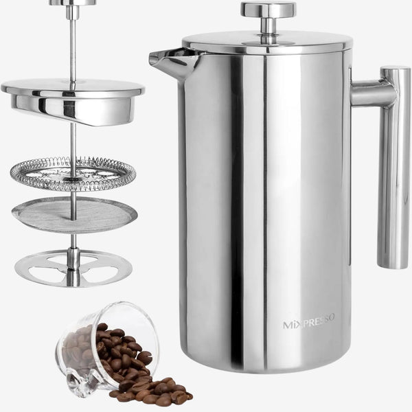 French Press, 100% Stainless Steel Double Wall Insulated (2 sizes)