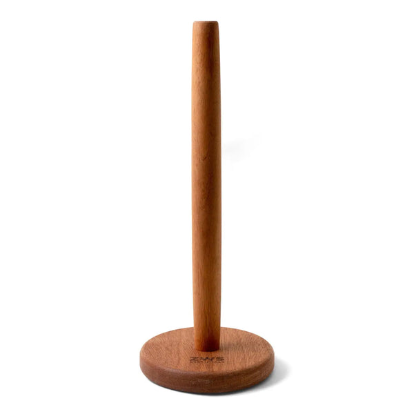 Wooden paper towel holder on a white background