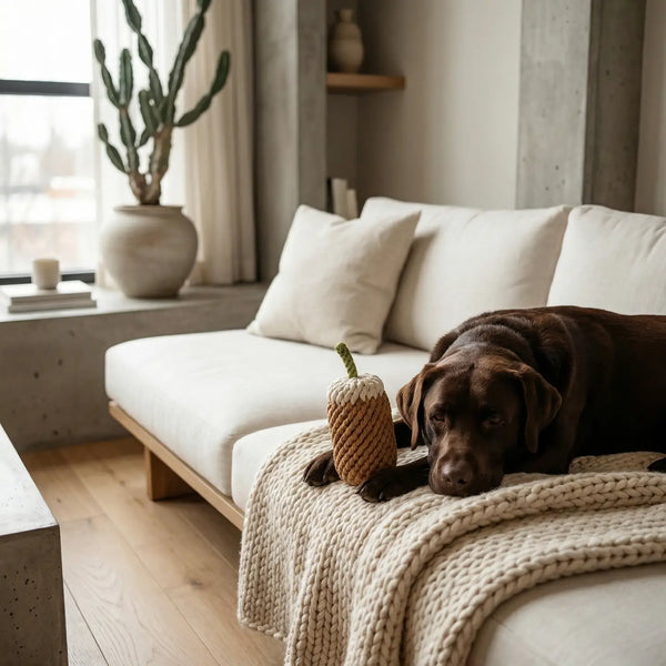 Dog lying on a couch with a knitted coffee toy in a cozy living room.