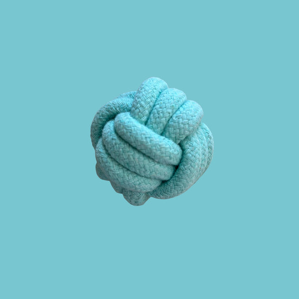 Turquoise knotted rope toy on a solid turquoise background