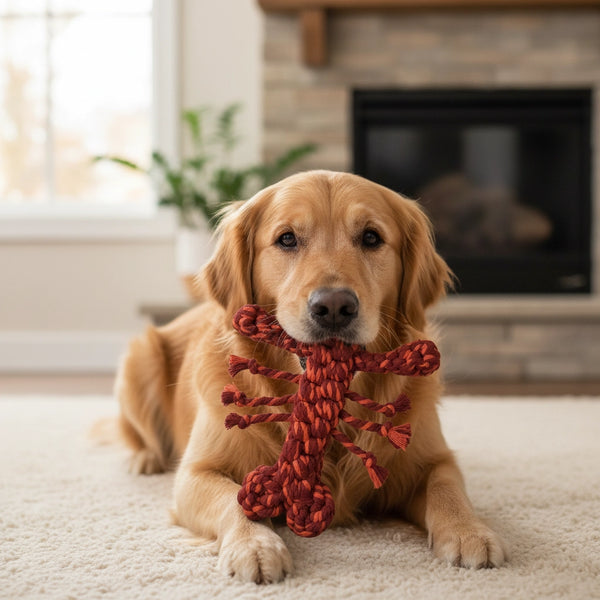 Dog holding a red rope toy shaped like a lobster  in a living room with a fireplace.