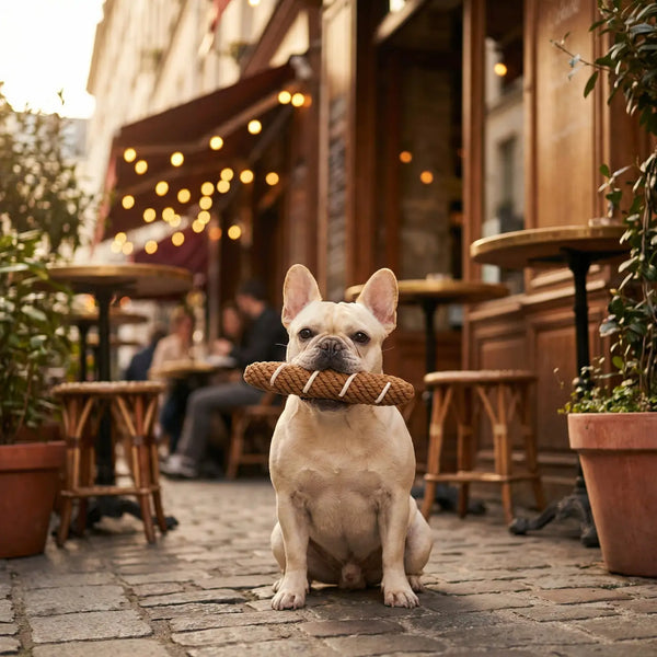Dog sitting on a street with a rope 'baguette' shaped toy in its mouth, surrounded by outdoor cafe furniture.