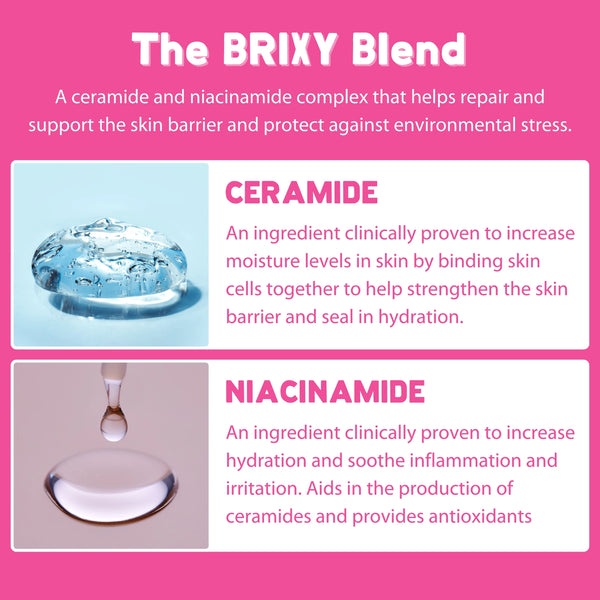 Product description of BRIXY Blend with images of water droplets and text on a pink background