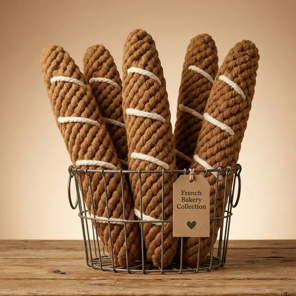 Braided rope  toys in the shape of baguettes in a wire basket with a 'French Bakery Collection' tag on a wooden surface.