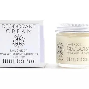 Little Seed Farm Lavender deodorant cream in a glass jar with box on a white background