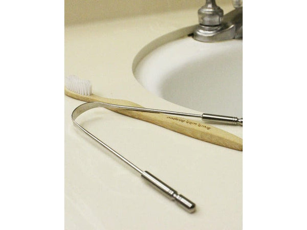 Reusable Plastic Free Stainless Steel Tongue Cleaner plastic-free tongue cleaner Brush with Bamboo   